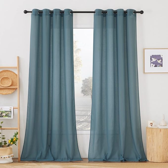 NICETOWN Linen Blend Semi Sheer Curtains, (Smoke Blue) Grommet Top Privacy with Light Penetration Flax Sheer Curtains & Drapes for Living Room/Bedroom, W52 x L108, 2 Panels