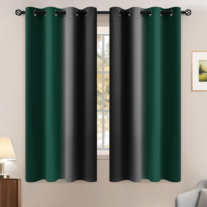 Yakamok Blackout Ombre Dark Green and Black Curtains-Gradient Room Darkening Curtain, Grommet Thermal Insulated Light Blocking Window Drapes Curtain for Living Room Bedroom,52 x 63 Inch,2 Panels
