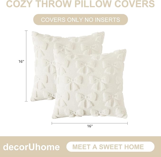 decorUhome Cream White Bow Pillow Covers Set of 2 Coquette Aesthetic Cute Preppy Plush Faux Pillowcases for Girly Bedroom or Couch 16x16 Inch