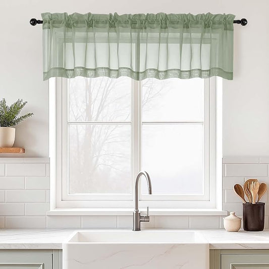 Sage Green Valances for Windows 14 inch Length 2 Panels, Small Voile Sheer Curtains for Bathroom, Soft Fabric Lightweight Light Filtering Kitchen Curtains, Dual Rod Pocket, 2x42Wx14L Inches