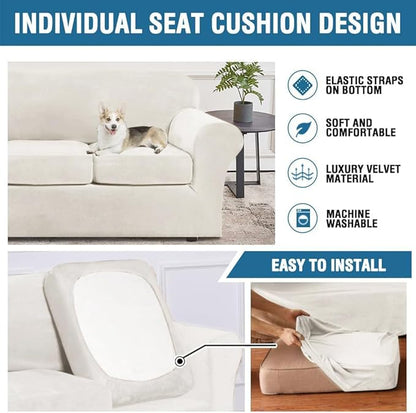 H.VERSAILTEX Modern Velvet Plush 4 Piece High Stretch Sofa Slipcover Furniture Protector Form Fit Velvet Extra Large Sofa Cover for 3 Cushion Couch Width Up to 105 Inch (XL Sofa, Porcelain White)