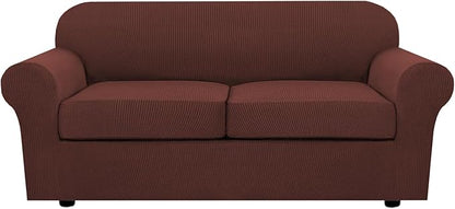 H.VERSAILTEX 3 Piece Stretch Sofa Covers for 2 Cushion Sofa Couch Covers for Living Room Sofa (Base Cover Plus 2 Seat Cushion Covers) Thicker Jacquard Fabric (Large Sofa, Burnt Brick)