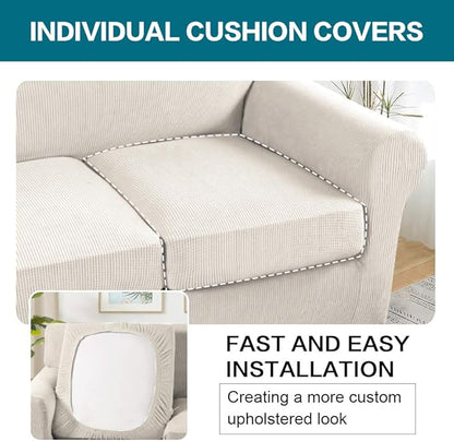 Turquoize 4 Piece Sofa Covers for 3 Cushion Couch Sofa Slipcover Soft Couch Cover for Dogs-Washable Sofa Furniture Covers with 3 Individual Large Cushion Covers, Feature Thick Fabric (XL Sofa, Ivory)