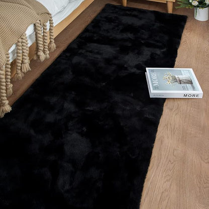ORINOVA Black Shag Faux Rabbit Fluffy Fur Rugs for Bedroom Machine Washable Runner Rugs for Living Room 2x8 Runner Rug Nursery Rug