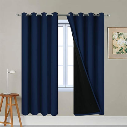 Yakamok 100% Blackout Curtains with Black Liners, Thermal Insulated Full Blackout 2-Layer Lined Drapes Room Darkening Curtain Panel for Bedroom(Navy Blue, 2 Panels, W52 x L72)