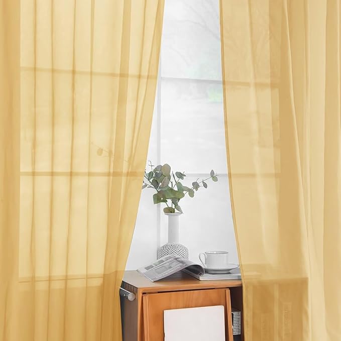 youleyar Solid Sheer Rod Pocket Curtain Voile Draperies 2 Panels White Beige Black Grey Ivory 52 Inch Width 54 Inch Long 1 Pair for Kitchen Bedroom Children Living Room Yard (Gold,52Wｘ54L)