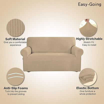 Easy-Going Stretch Sofa Slipcover 1-Piece Sofa Cover Furniture Protector Couch Soft with Elastic Bottom for Kids, Polyester Spandex Jacquard Fabric Small Checks (Sofa, Sand)