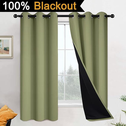 Yakamok 100% Blackout Curtains with Black Lined 2 Thick Layers Soundproof Thermal Insulated Room Darkening Curtains for Living Room(42Wx63L,Sage, 2 Panels)