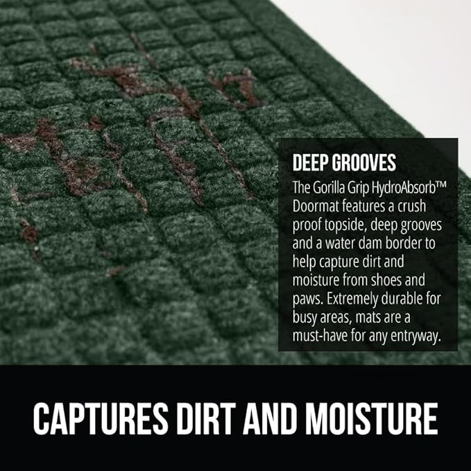 GORILLA GRIP® Ultra Absorbent Front Door Mat Outside Entrance, Traps Dirt and Moisture, HydroABSORB Indoor Outdoor Doormat Holds Up to 1.7 Cups Water, Stain and Fade Resistant Welcome Mat, 29x17 Green