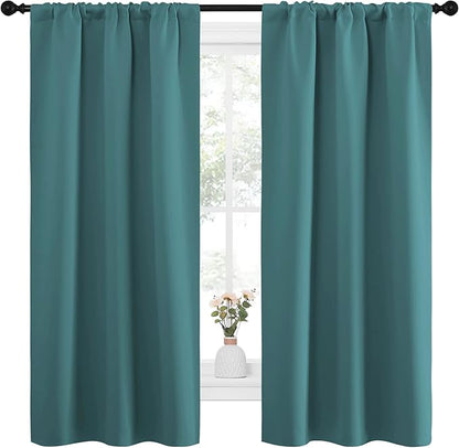 NICETOWN Bedroom Curtains, Three Pass Microfiber Noise Reducing Thermal Insulated Solid Rod Pocket Blackout Window Curtains for Kids Room (Sea Teal, 2 Panels, 34-inch x 63-inch)