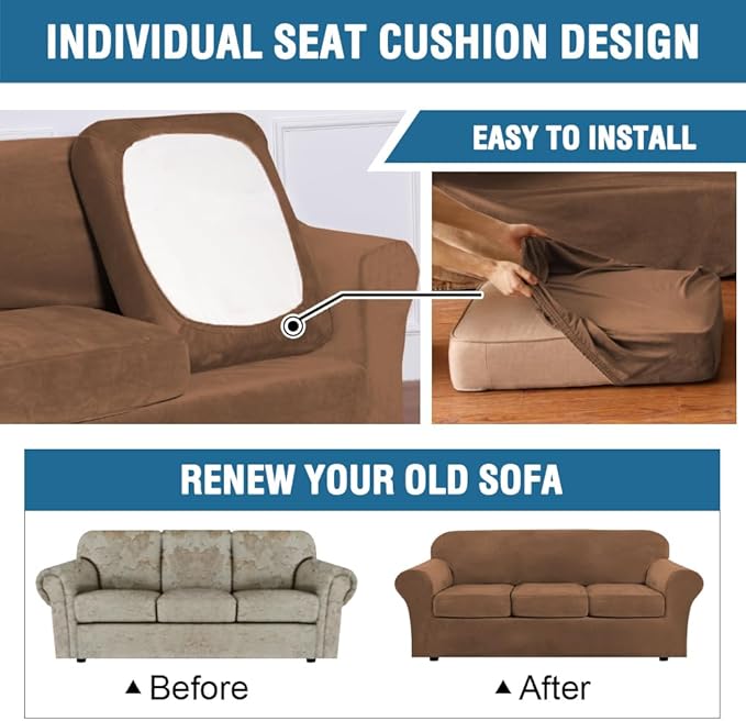 H.VERSAILTEX Real Velvet Plush 3 Piece Stretch Sofa Covers Couch Covers for 2 Cushion Couch Loveseat Covers Width Up to 72 Inch Thick Stay in Place (Medium Sofa, Caramel)