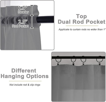 Grey Kitchen Curtains 30 Inch Length Tier 2 PCS, Solid Soft Half Curtains for Windows, Grey Sheer Rod Pocket Drapes for Bathroom Basement Small Window Curtain, 42" Wx30 L Inches