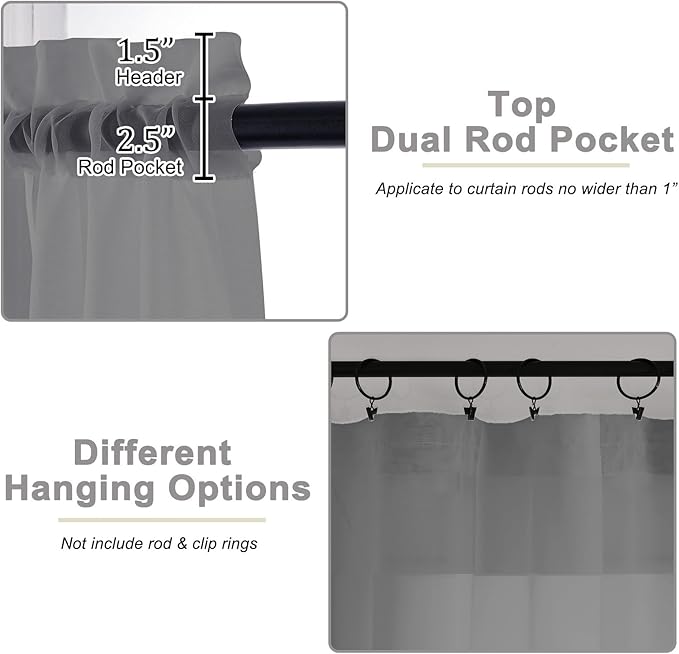 Grey Sheer Curtains for Bedroom Living Room 96 Inches Long 2 Panels, Modern Airy Soft Lightweight Rod Pocket Light Filtering Sheer Curtains Drapes, Grey, Each 42" Wx96 L Inch