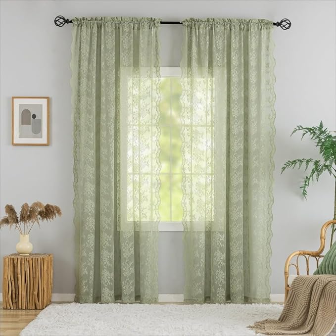 YJ YANJUN Vintage Lace Curtains 96 Inches Long- Victorian Floral Boho Green Sheer Curtain Panels for Living Room Closet Scalloped Drapes Floor Length Rod Pocket Privacy 1 Pair 52Wx96L Grey Green