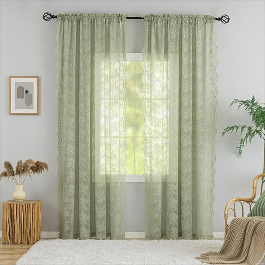 YJ YANJUN Vintage Lace Curtains 96 Inches Long- Victorian Floral Boho Green Sheer Curtain Panels for Living Room Closet Scalloped Drapes Floor Length Rod Pocket Privacy 1 Pair 52Wx96L Grey Green