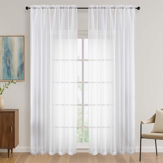 OVZME White Bedroom Curtains 2 Panel Sets 90 Inch Length, 59 Inch Extra Wide Light Filtering Light Weight Soft Window Treatment Panels for Study Room Living Room Guest Room, 59Wx90L Inches