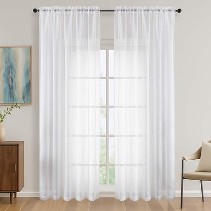OVZME White Bedroom Curtains 2 Panel Sets 90 Inch Length, 59 Inch Extra Wide Light Filtering Light Weight Soft Window Treatment Panels for Study Room Living Room Guest Room, 59Wx90L Inches