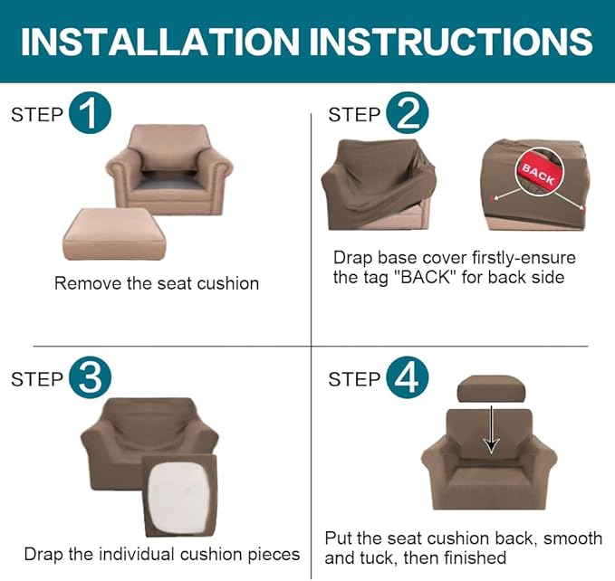 Turquoize 2 Piece Chair Covers Armchair Slipcovers for Living Room Armchair Sofa Cover with Individual Cushion Covers Feature Jacquard Fabric (Chair, Macchiato)