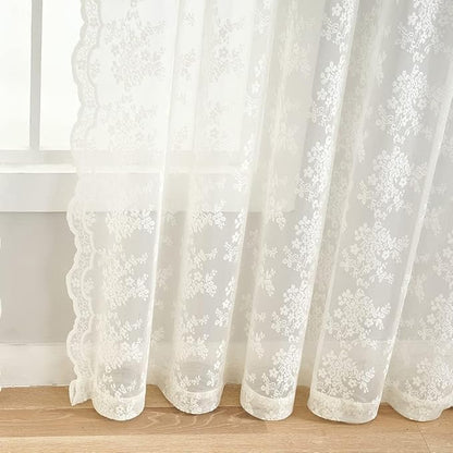 YJ YANJUN Vintage Lace Curtains 80 Inch Length Victorian Floral Cream Sheer Curtain Panels for Living Room 2 Panels Privacy Room Divider for Room Separation Country Farmhouse Decor Off White/Ivory