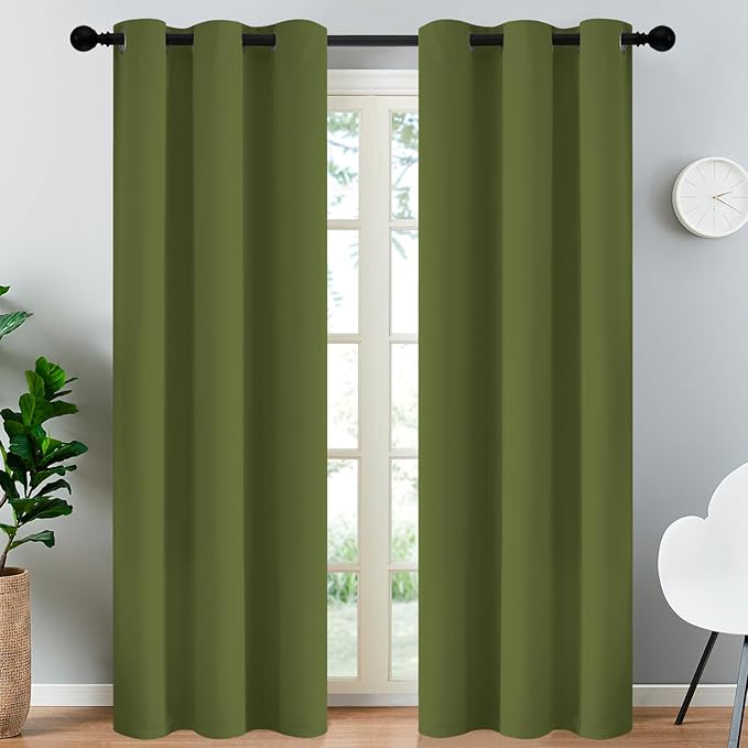 Yakamok Blackout Curtains for Bedroom,Thermal Insulated Blackout Grommet Top Drapes for Living Room, Olive Green,38x84 Inch, 2 Panels