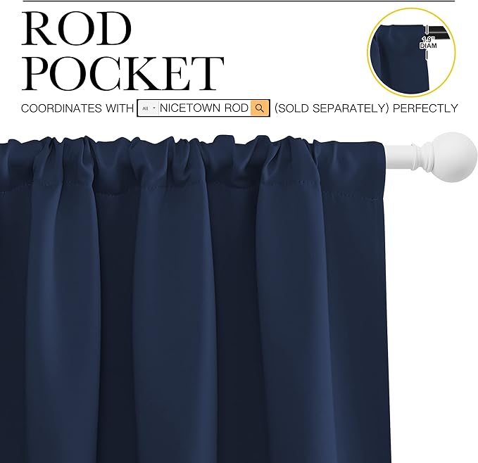 NICETOWN Blackout Curtains for Bedroom, Blackout Draperies, Home Decorations Thermal Insulated Solid Rod Pocket Blackout Drapes for Cafe (Navy, One Pair, 70 x 63-inch)