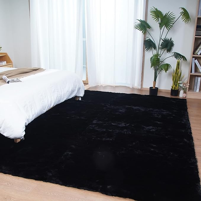 Ghouse Black 8x10 Area Rug Fluffy Faux Rabbit Fur Rug Black Plush Shag Rug for Living Room Bedroom, Playing Room, Nursery Room