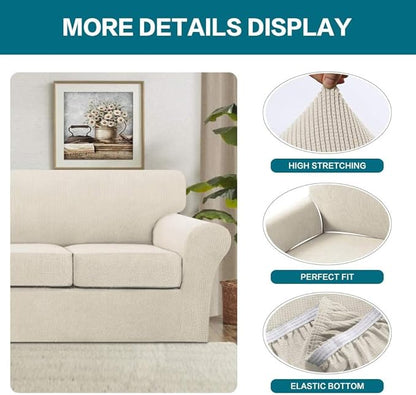 Turquoize 4 Piece Couch Cover Sofa Covers for 3 Cushion Couch Sofa Slipcovers Washable Sofa Cover for Dogs with Individual Couch Cushion Covers Feature Jacquard Fabric(3 Cushion Sofa, Biscotti Beige)