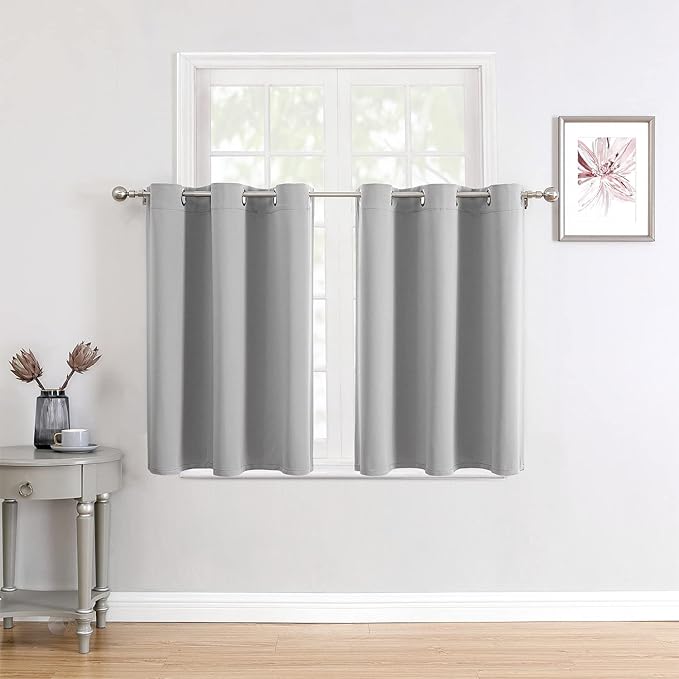 ChrisDowa Small Window Curtains for Kitchen and Bedroom - Grommet Short Thermal Insulated Room Darkening Curtains (2 Panels, Light Grey, 36 x 24 Inch)