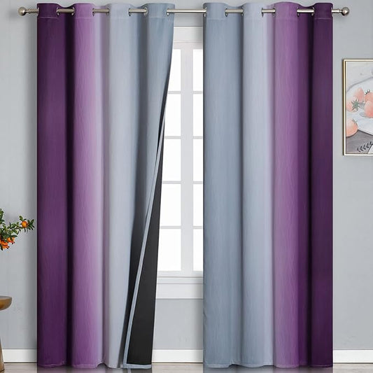 Estelar Textiler Purple and Grey Ombre Blackout Curtains 102 Inches Long for Bedroom, Thermal Insulated Full Room Darkening Grommet Gradient Drapes for Living Room, 52Wx102L, 2 Panels
