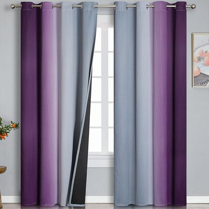 Ombre Purple and Gray Curtains 96 Inches Long, Total Blackout Curtains for Bedroom, Grommet Thermal Insulated Gradient Blackout Drapes, Full Light Blocking Curtains for Kids Room, 52x96 Inch, 2 Panels