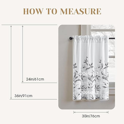 HOMEIDEAS Kitchen Curtains, Short Non-See-Through Privacy 30X24 Inch Length Tier Curtains, Grey and White Leaf Floral Printed Light Filtering Semi Sheer Small Window Drapes for Bathroom Cafe, 2 Panels