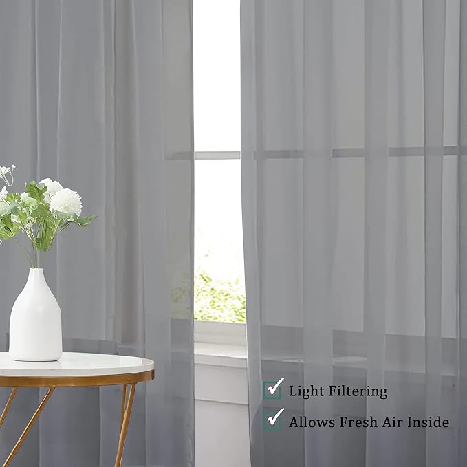 Chyhomenyc Sheer Window Curtains 63 inch Length 2 PCS- Rod Pocket Living Room Curtain Panels Voile Textured Soft and Lightweight Window Treatments for Bedroom Decor, 42W x 63L Inches, Charcoal Grey