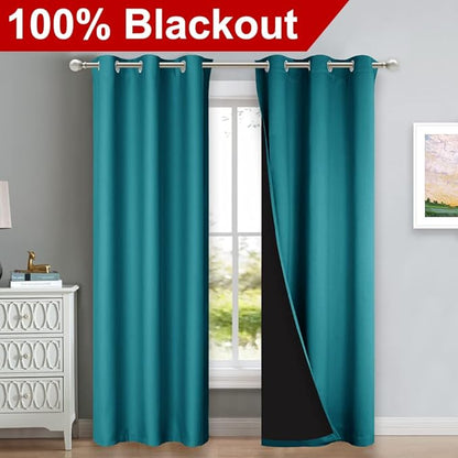 NICETOWN Peacock Teal Blackout Curtains 84 inches Long, Full Light Blocking Drapes with Black Liner for Nursery, Thermal Insulated Draperies for Hall, Villa (2 Pieces, 42" Wide Each Panel)
