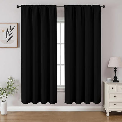 CUCRAF Black Blackout Curtains 63 inch Length 2 Panels Set, Rod Pocket Room Darkening Drapes for Bedroom Living Room, Insulated Thermal Light Blocking Window Curtain (W52 x L63 Inch)