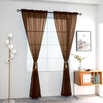youleyar Solid Sheer Rod Pocket Curtain Voile Draperies 2 Panels White Beige Black Grey Coffee 52 Inch Width 72 Inch Long 1 Pair for Kitchen Bedroom Children Living Room Yard (Brown,52Wｘ72L)