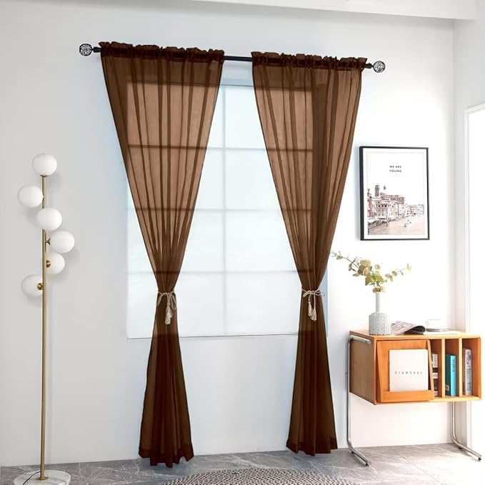 youleyar Solid Sheer Rod Pocket Curtain Voile Draperies 2 Panels White Beige Black Grey Coffee 52 Inch Width 45 Inch Long 1 Pair for Kitchen Bedroom Children Living Room Yard (Brown,52Wｘ45L)