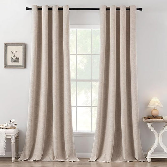 MIULEE 100% Blackout Linen Textured Curtains for Bedroom 105 Inches Extra Long Thermal Insulated Natural Beige Grommet Room Darkening Curtains & Drapes Luxury for Living Room Nursery (2 Panels)