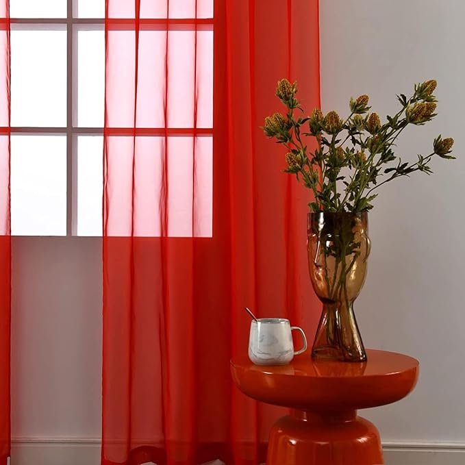 SpaceDresser Sheer Red Curtains 4 Panels Rod Pocket Semi-Sheer Curtain 54 Inches Long Light Filtering Voile Window Drapes for Bedroom Living Room Kitchen, Each 52W x 54L