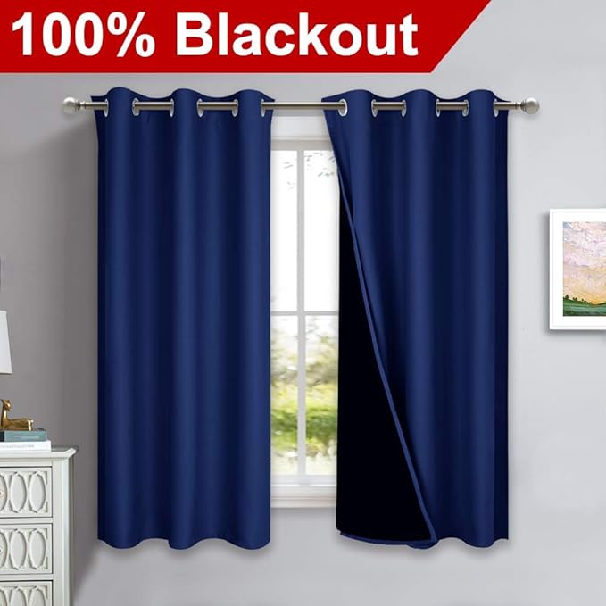 NICETOWN 100% Blackout Curtains 45 inches Long, Royal Blue, 1 Pair, 42 inches Width Each Panel, 2 Thick Layers Completely Blackout Window Treatment Thermal Insulated Lined Drapes for Small Window