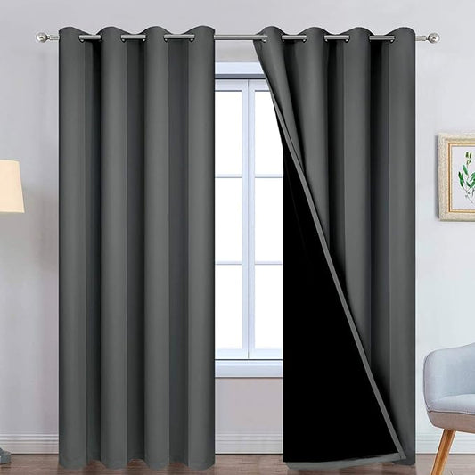 Yakamok 100% Dark Gray Blackout Window Curtain Panels Full Light Blocking Drapes with Black Liner Room Darkening Thermal Insulated Curtains for Bedroom/Living Room(Dark Grey, 52W x 96L, One Pair)