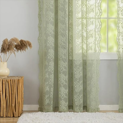 YJ YANJUN Vintage Lace Curtains 96 Inches Long- Victorian Floral Boho Green Sheer Curtain Panels for Living Room Closet Scalloped Drapes Floor Length Rod Pocket Privacy 1 Pair 52Wx96L Grey Green