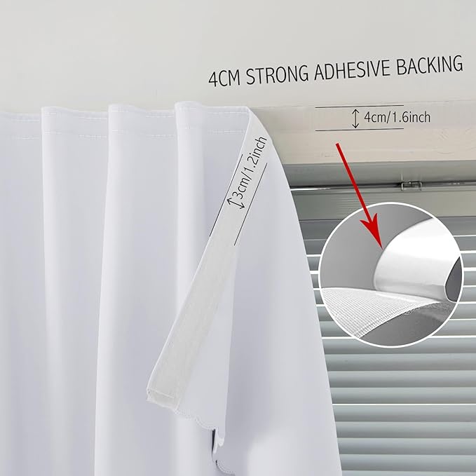 self Adhesive Curtains Portable Blackout Curtain Simple and Easy to Install Bedroom Window Thermal Lnsulated Kitchen Room Darkening Black Small Drapes, 59" W X 84" L, White, 1 Panel