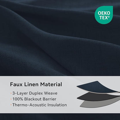 100% Blackout Shield Linen Blackout Curtains for Bedroom, Navy Blue Grommet Curtains for Living Room, Thermal Insulated Room Darkening Drapes for Nursery, Boho Home Decor, 50" W x 72" L, 2 Panels