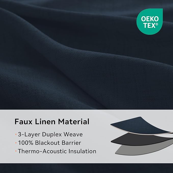 100% Blackout Shield Linen Blackout Curtains for Bedroom, Navy Blue Grommet Curtains for Living Room, Thermal Insulated Room Darkening Drapes for Nursery, Boho Home Decor, 50" W x 63" L, 2 Panels