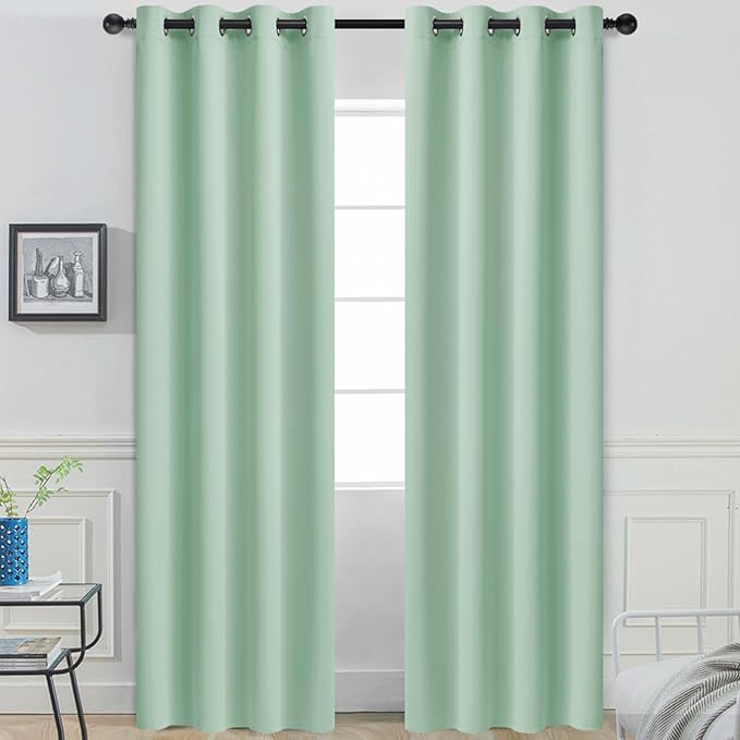 Yakamok Green Curtains 84 Inches Length Blackout Curtain for Bedroom-Light Sage Green Room Darkening Thermal Insulated Grommet Drapes Panels for Living Room, 52W x 84L, Light Sage, 2 Panels