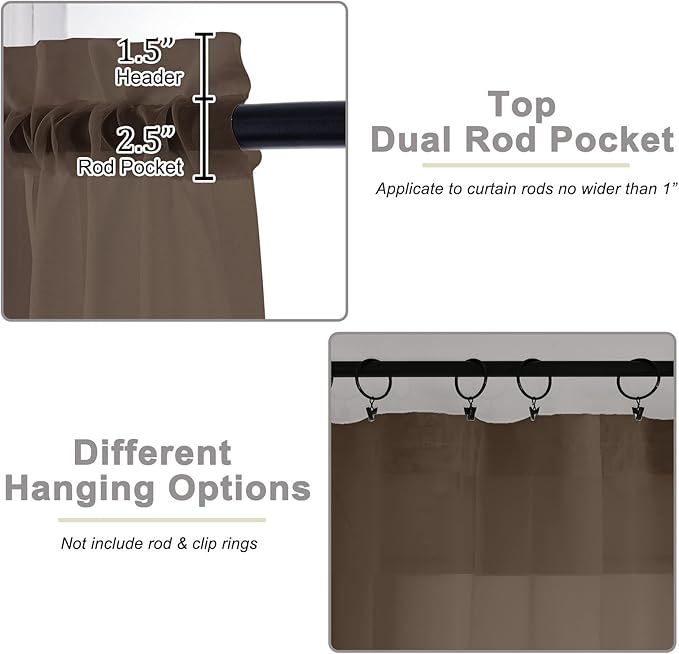 Sheer Chocolate Curtains for Bedroom Living Room 54 Inch Length 2 Panels Set, Solid Soft Airy Light Filtering Window Treatments, Modern Rod Pocket Drapes, Chocolate, 42" Wx54 L Inches