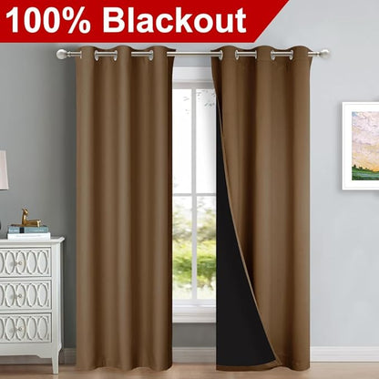 NICETOWN Blackout Curtains 84 inches Long, 2 Pieces, 42" Wide Each Panel, Gold Brown, Full Light Blocking Drapes with Black Liner for Nursery, Thermal Insulated Draperies for Hall, Villa
