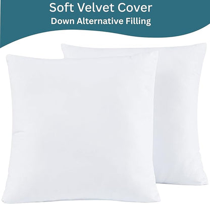 LANE LINEN Synthetic Down Filled Velvet Throw Pillow Inserts Pack of 2 White - 18 x 18 Inches Cushion Inserts for Couch, Bed & Living Room Décor - Indoor Decorative Pillows Made in Canada
