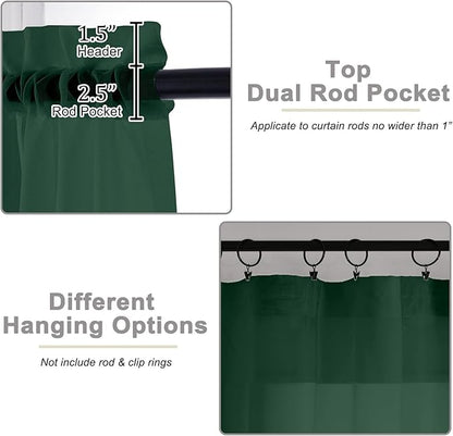 Cafe Curtains 36 Inch Length Tier 2 Pieces, Modern Soft Airy Sheer Kitchen Short Curtains for Small Window, Rod Pocket Small Curtain for Bathroom Basement, Hunter Green, Each, 42"Wx36"L Inch