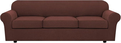 H.VERSAILTEX 4 Piece Stretch Sofa Covers for 3 Cushion Couch Covers for Living Room Furniture Slipcovers (Base Cover Plus 3 Seat Cushion Covers) Thicker Jacquard Fabric (Large Sofa, Burnt Brick)